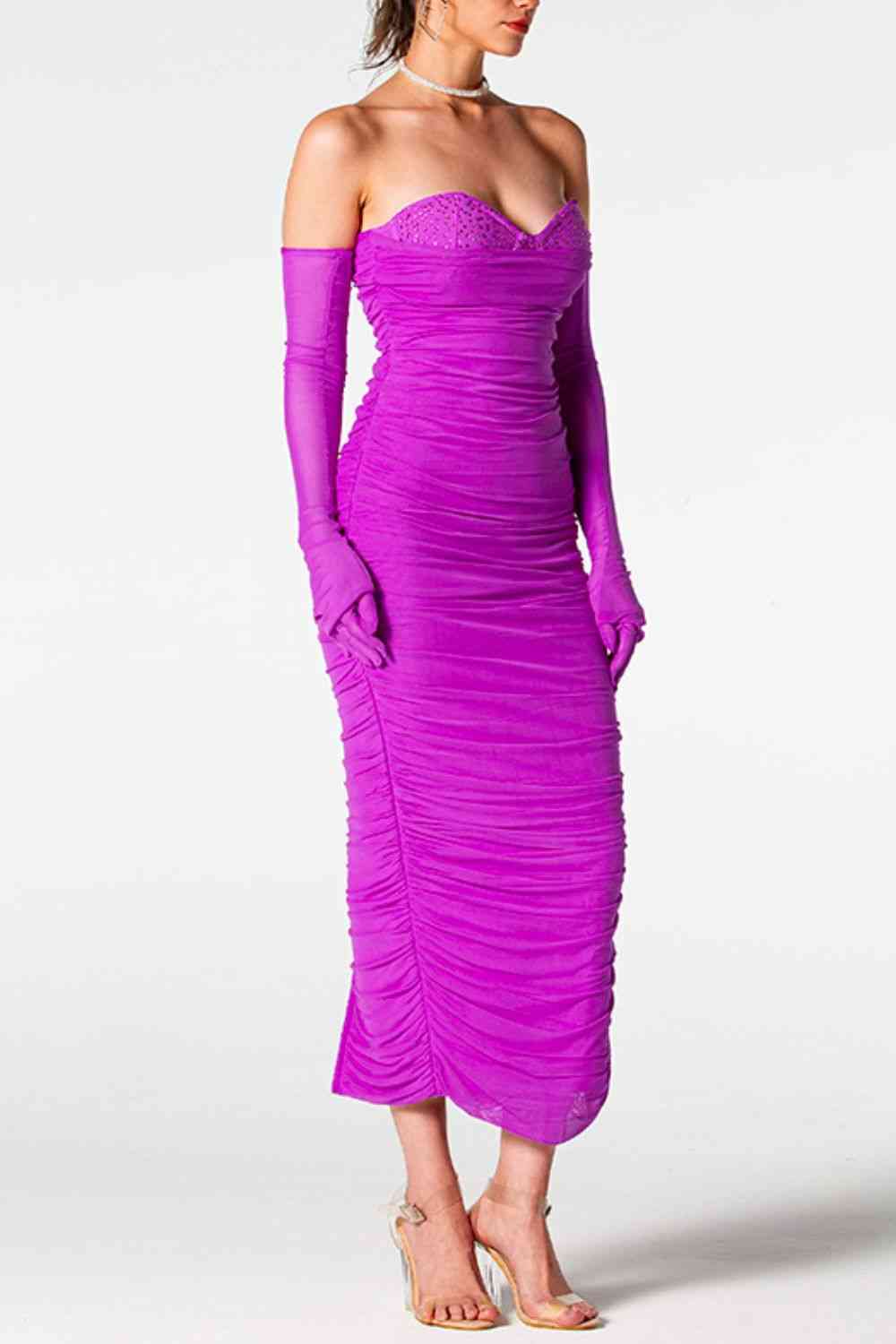 Rhinestone Trim Ruched Dress