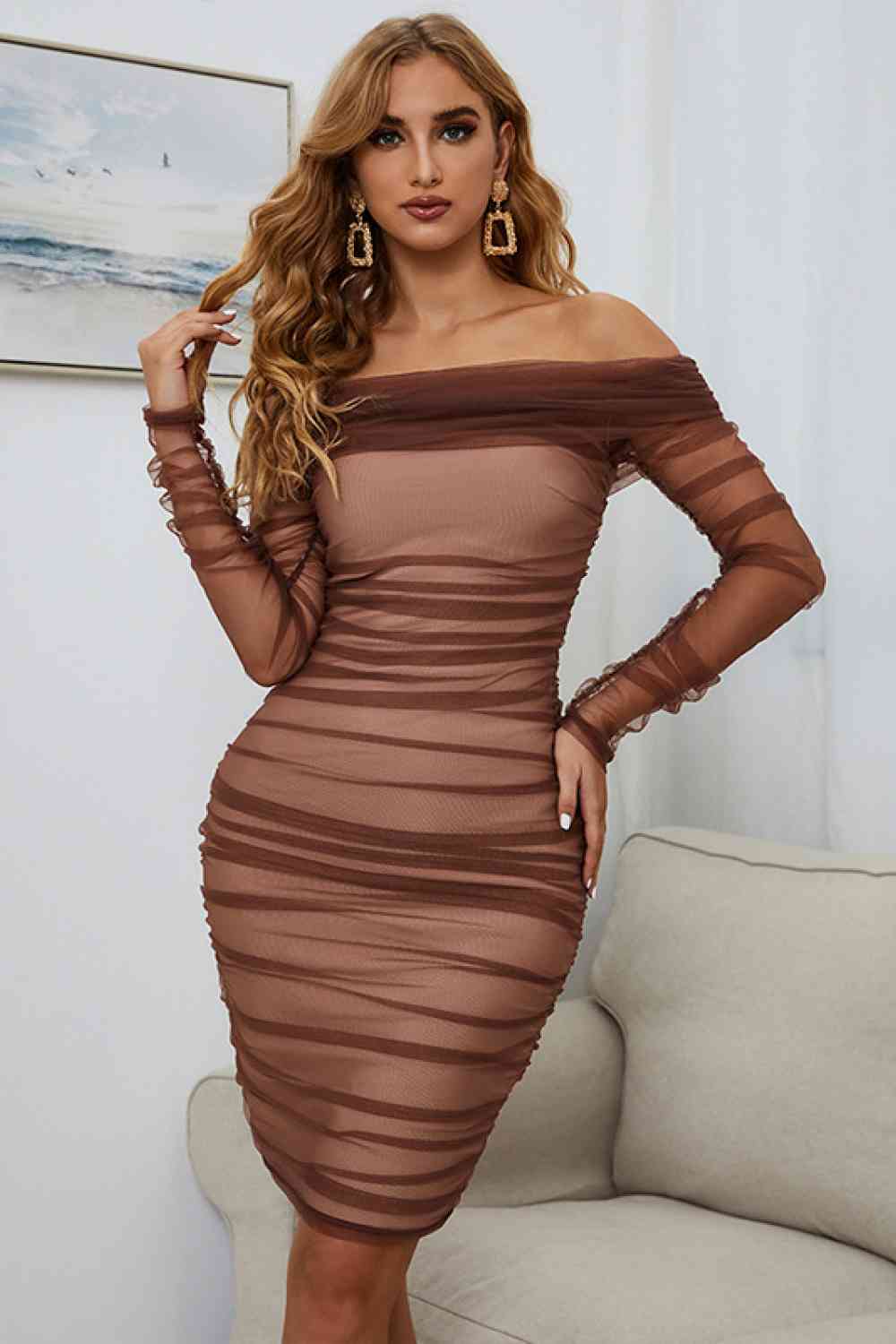 Off-Shoulder Ruched Tulle Dress