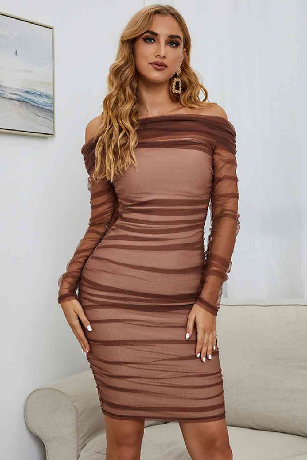 Off-Shoulder Ruched Tulle Dress