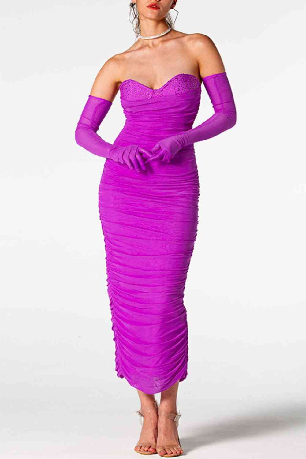 Rhinestone Trim Ruched Dress