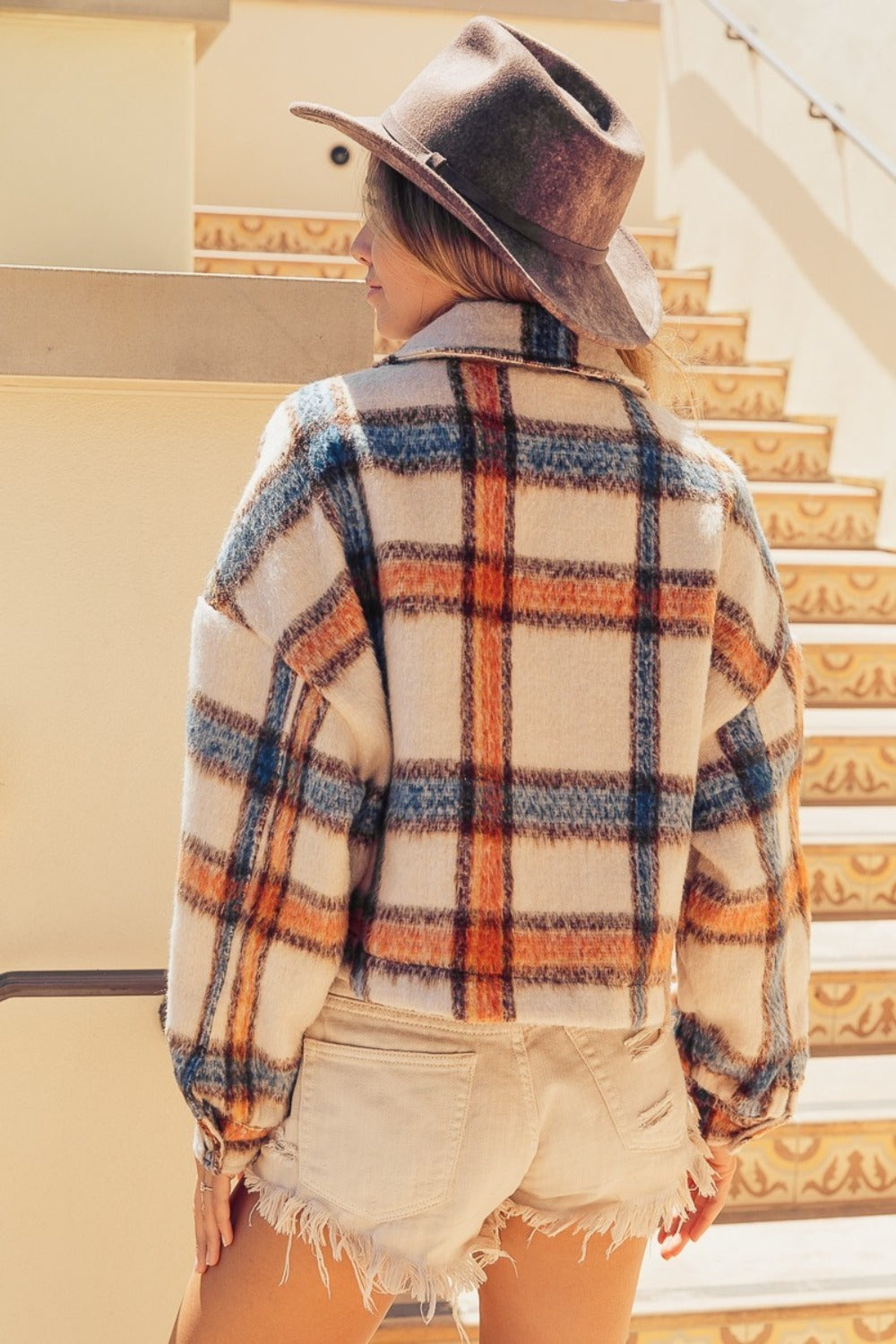 Brushed Plaid Crop Jacket