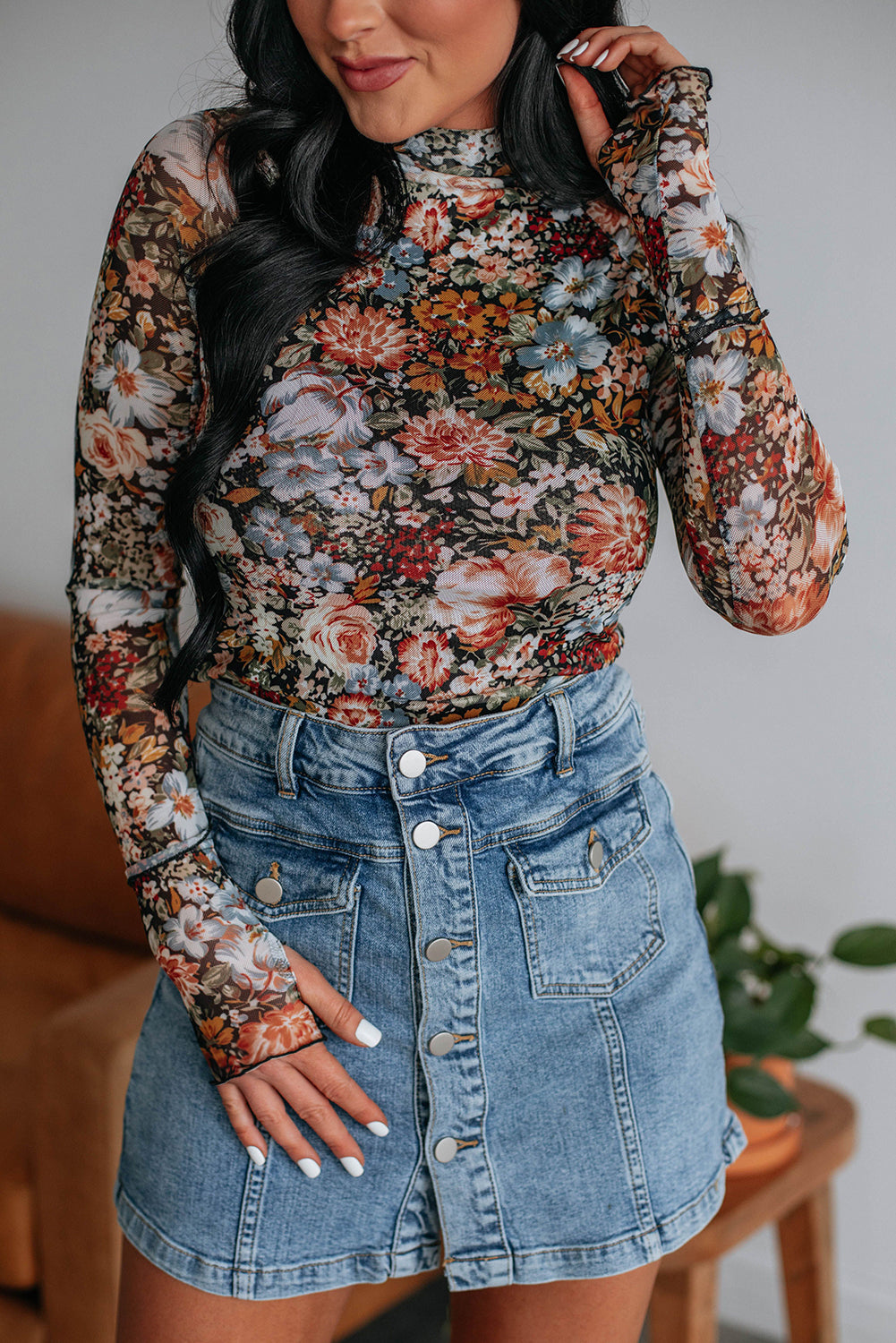 Brown Floral Mesh Blouse