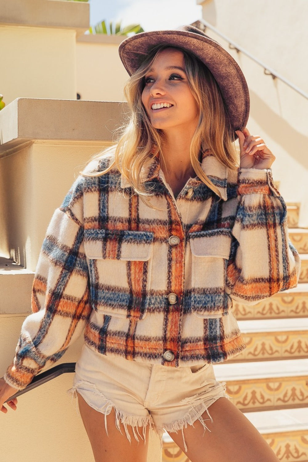 Brushed Plaid Crop Jacket