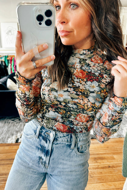 Brown Floral Mesh Blouse