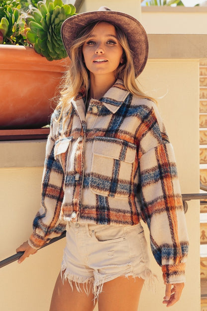 Brushed Plaid Crop Jacket