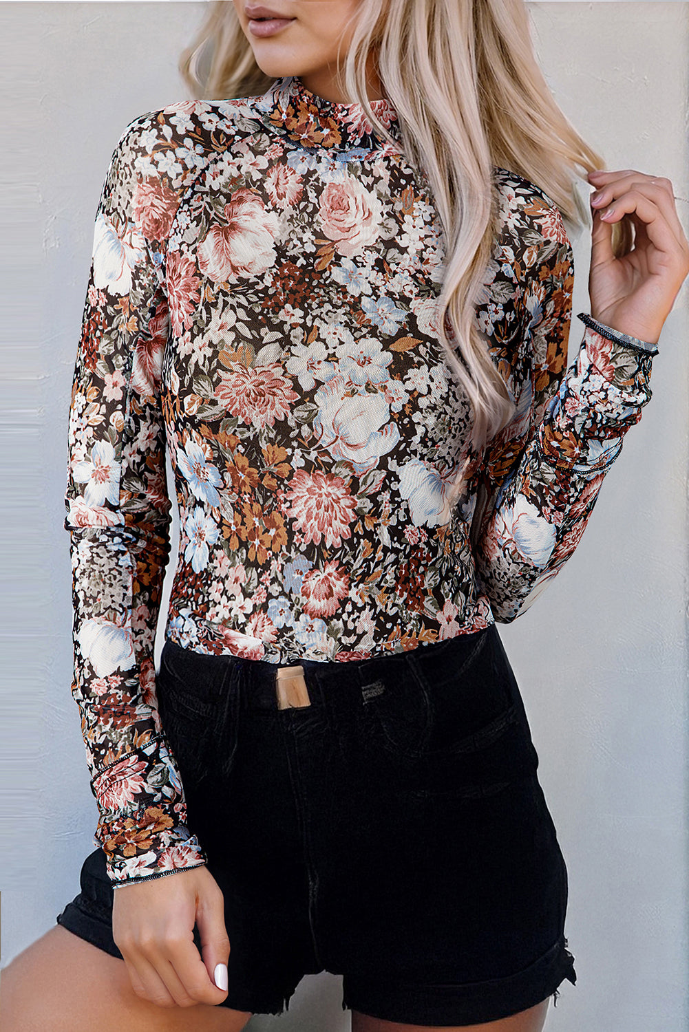 Brown Floral Mesh Blouse