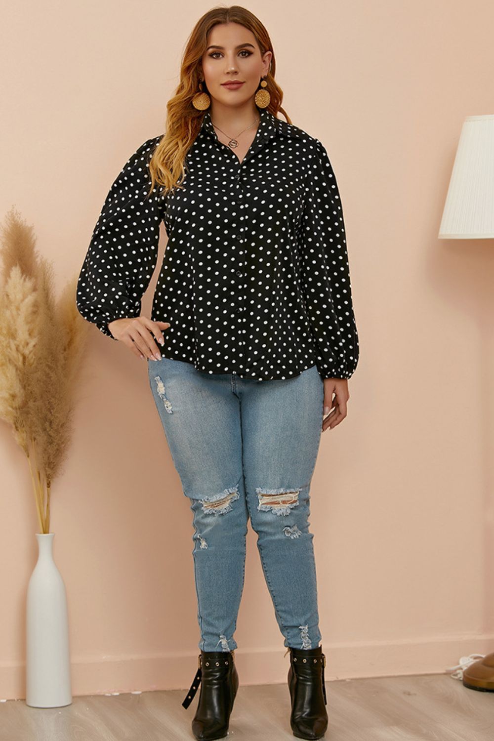 Polka Dot Balloon Sleeve Shirt