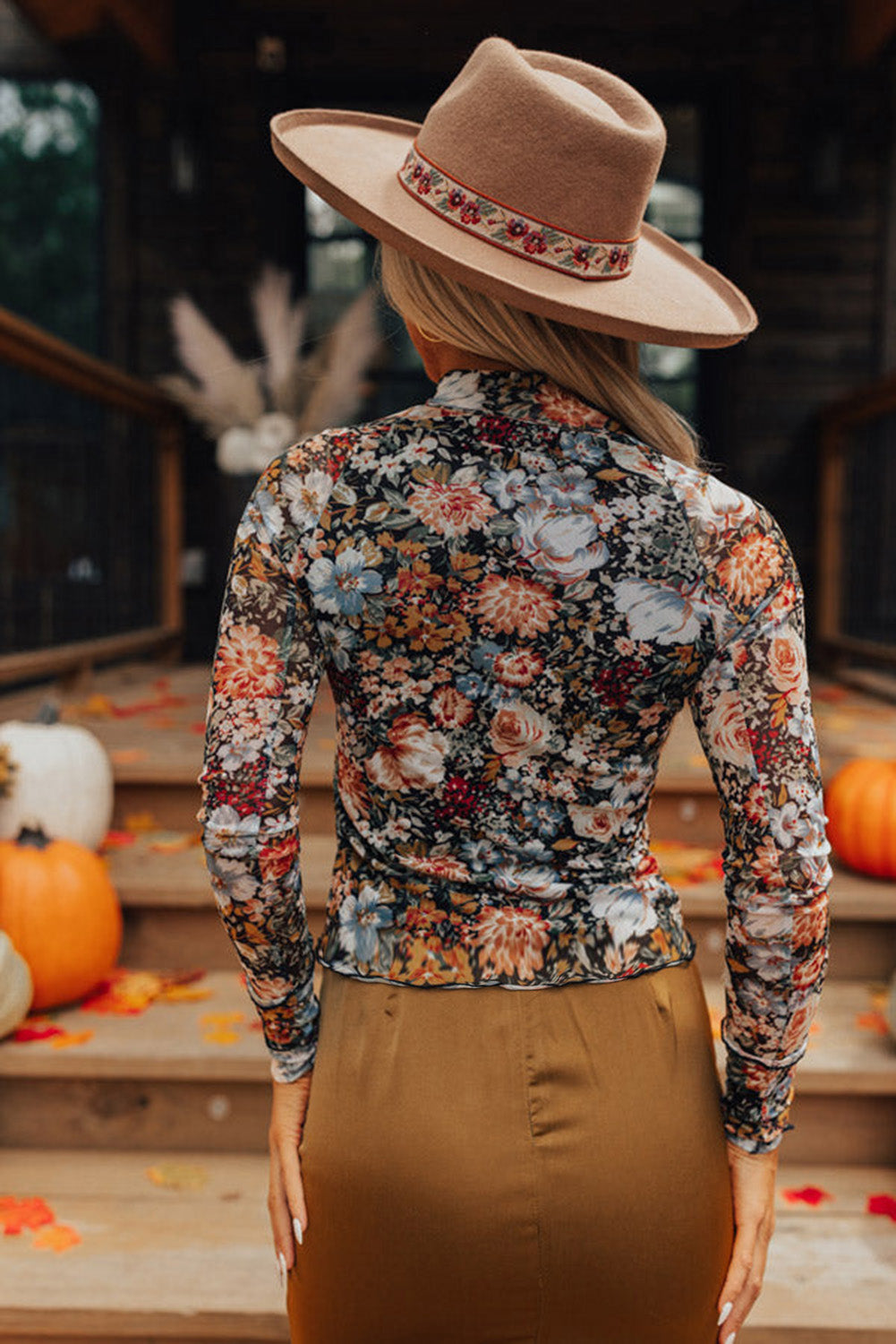 Brown Floral Mesh Blouse