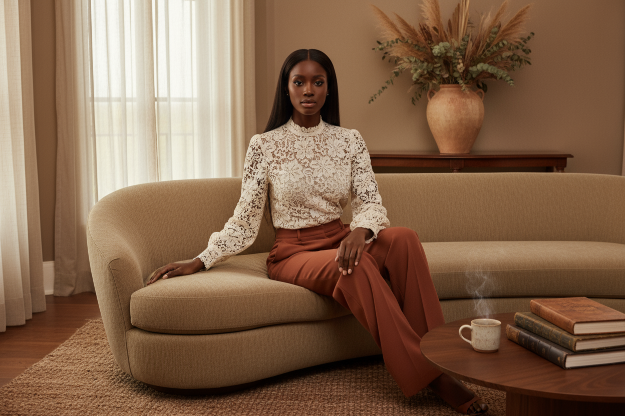 high quality picture with a black women sitting on the couch with long straight hair wearing a high end quality lace blouse you would see in a vogue fashion show sitting on a couch inside a home with earth tone colored decor.