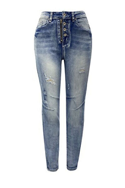 Distressed Button-Fly Jeans