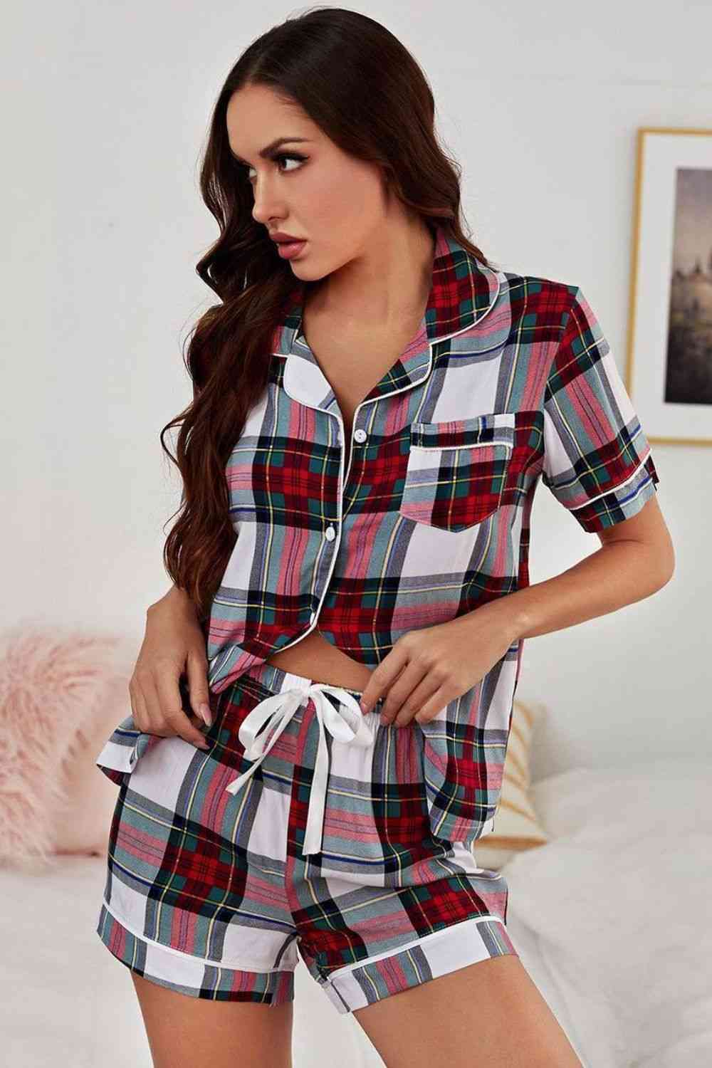 Collared Neck Short Sleeve Tied Two-Piece Lounge Set