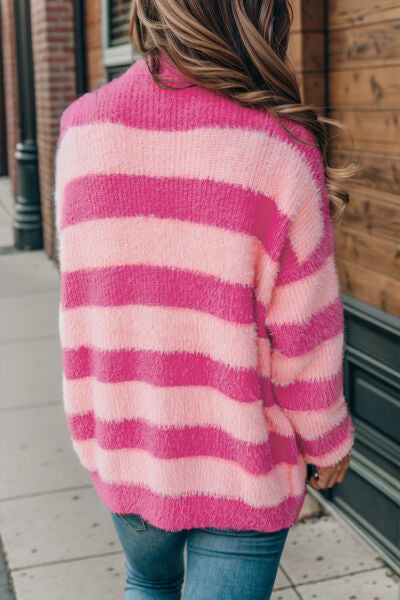 Striped Button Up Fuzzy Cardigan with Pockets