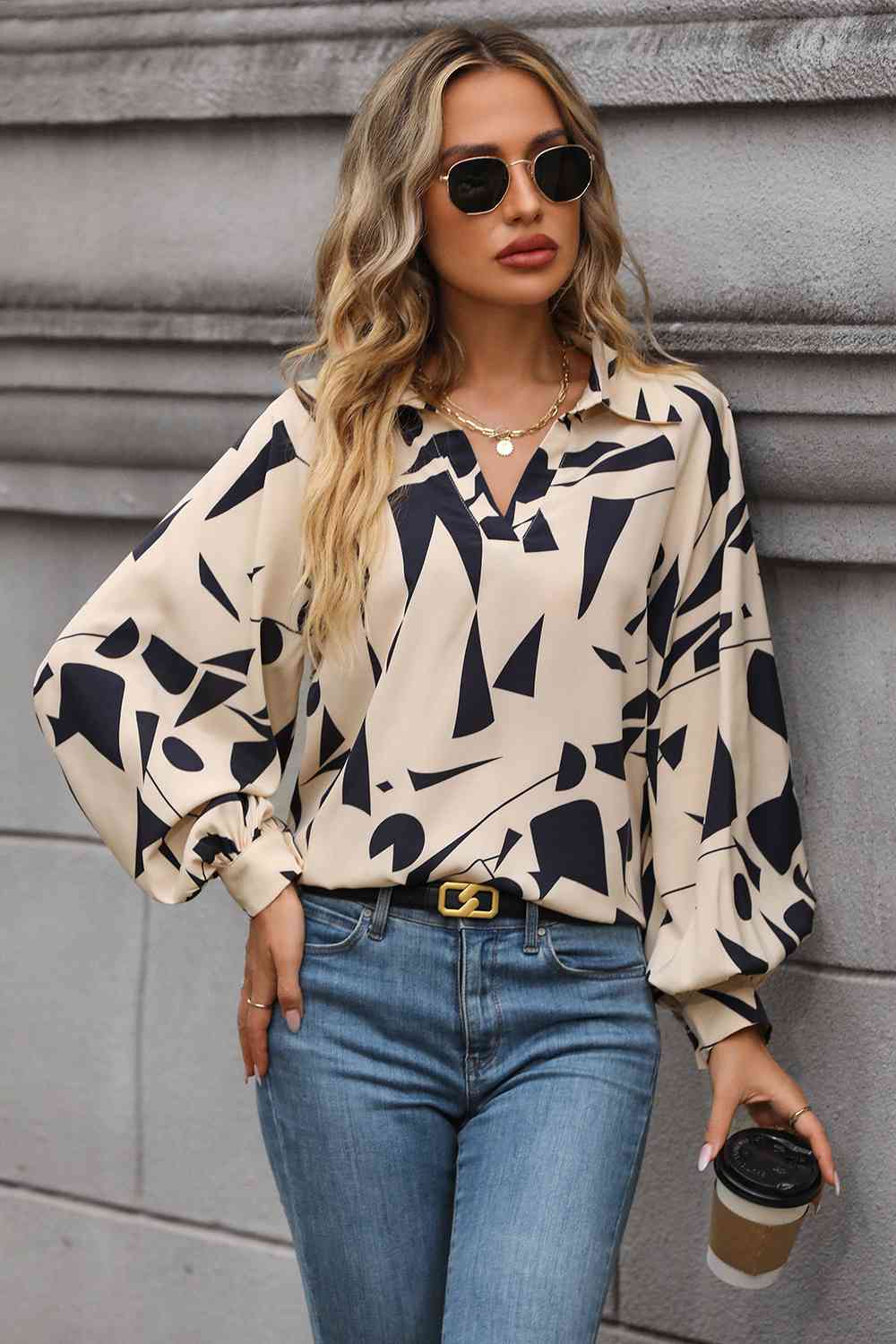 Printed Johnny Collar Blouse
