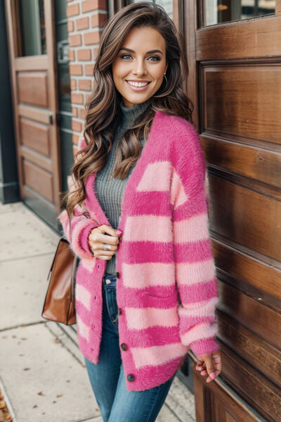 Striped Button Up Fuzzy Cardigan with Pockets